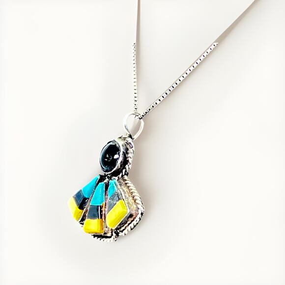 Vintage Navajo Sterling Silver Turquoise Onyx & Coral Pendant Necklace - 19” - Picture 2 of 16